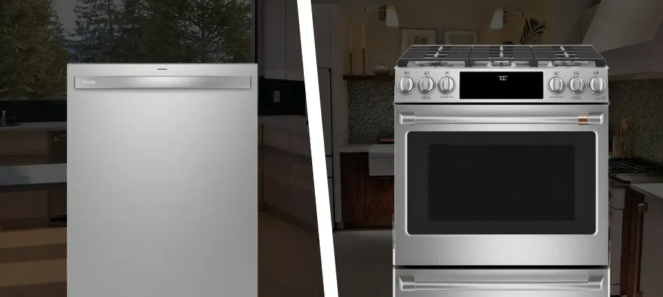 an image of two GE appliances, a dishwasher and an oven